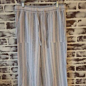 Gap Medium Wide Leg Pull On Pants Linen Blend Blue White Stripes Drawstring